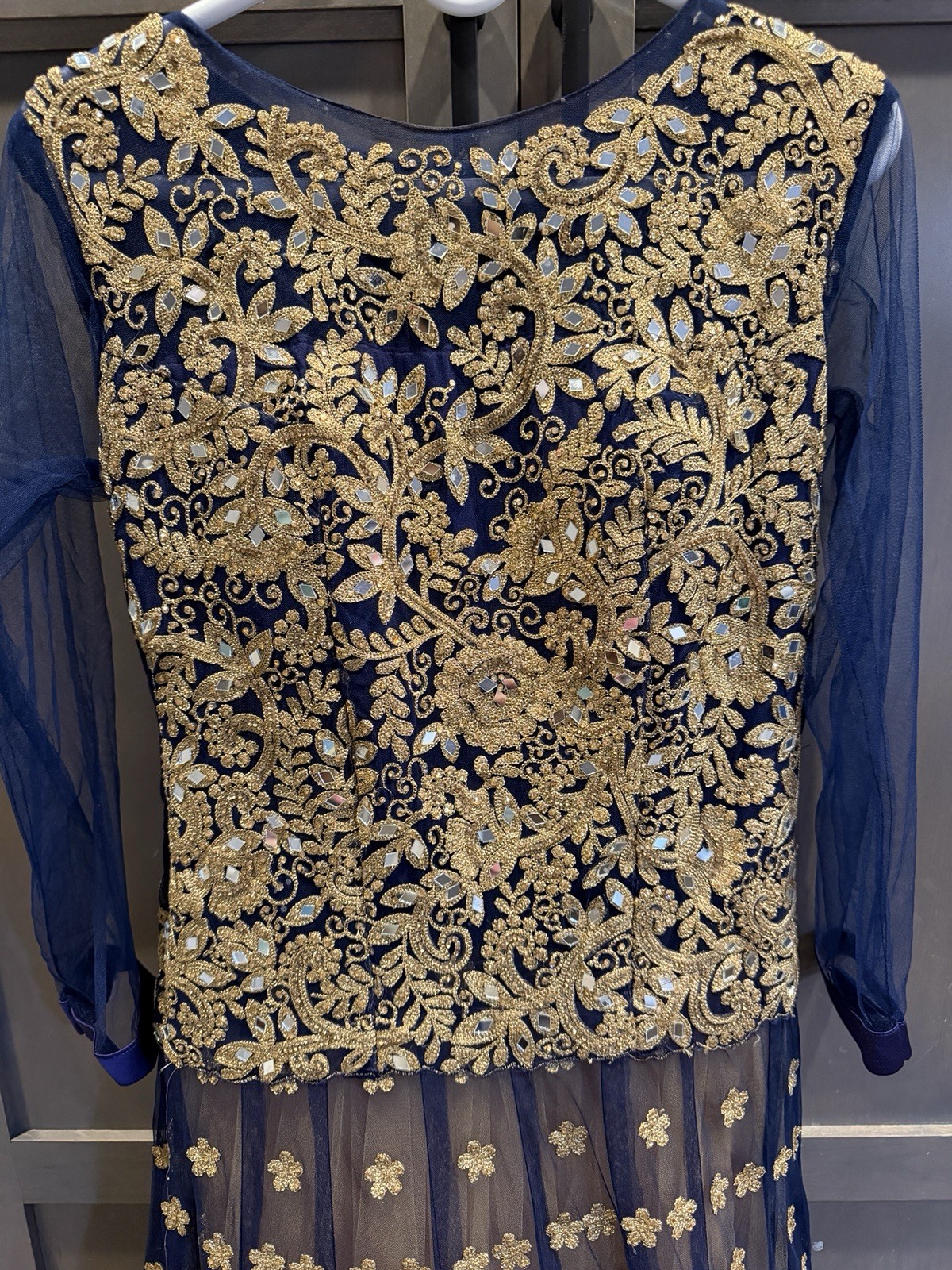 Women’s Blue/Gold Floral Embroidered Sequin Tulle Maxi Dress S/M Sheer Sleeves