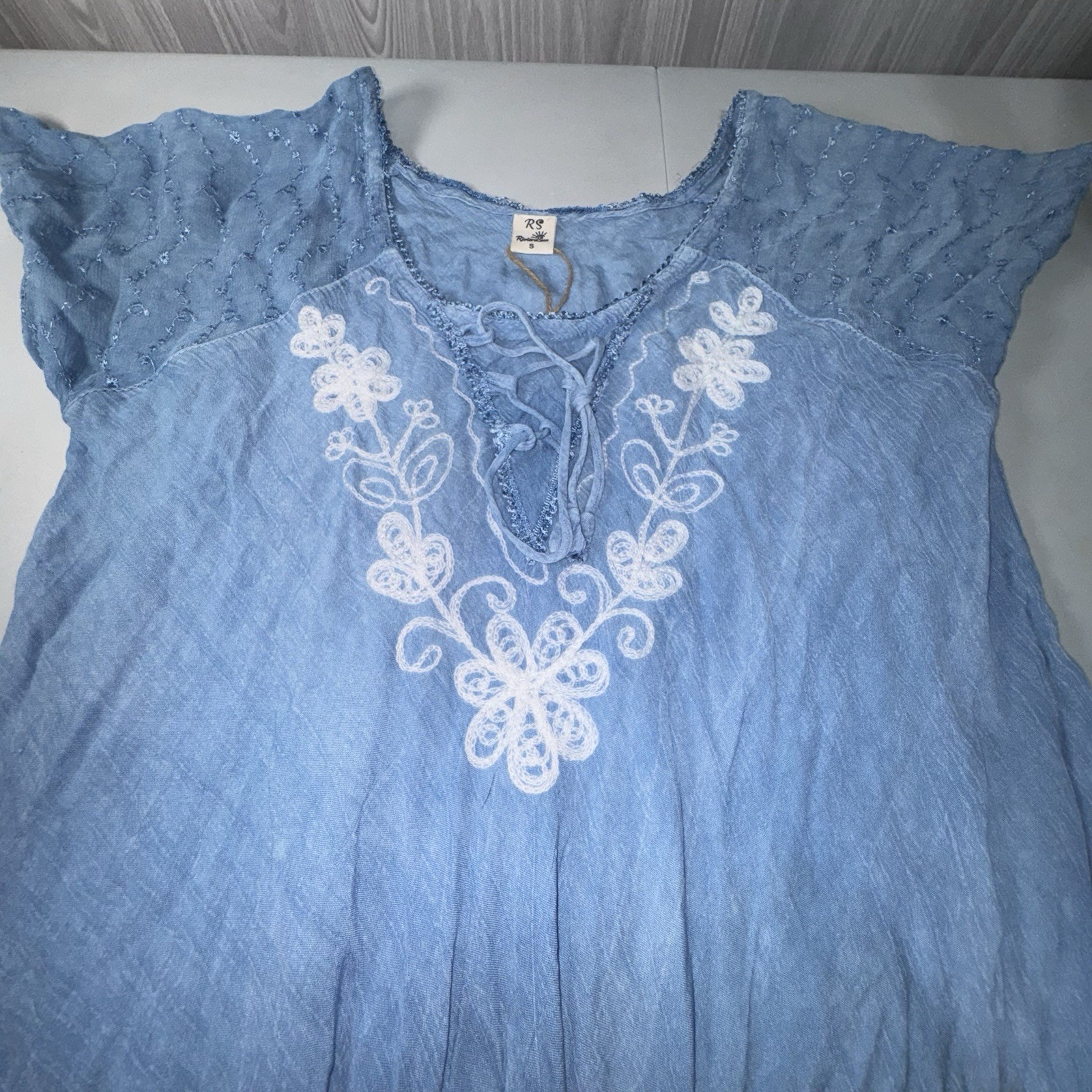 Riviera Sun Light Blue Embroidered Floral Sun Dress NWT Women’s Size S