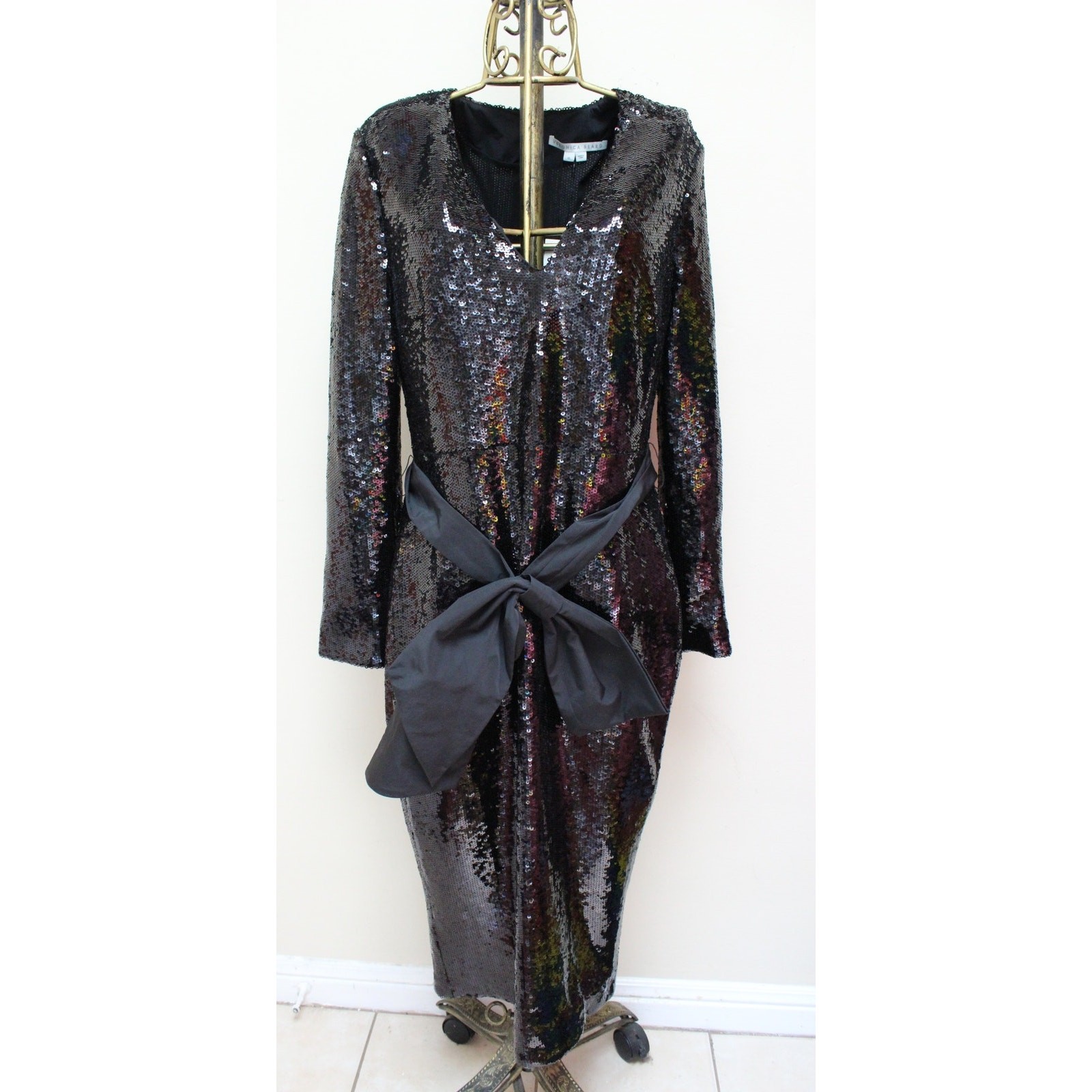 NWT Veronica Beard Black Dalyn Sequin Bow Midi Dress Size 16