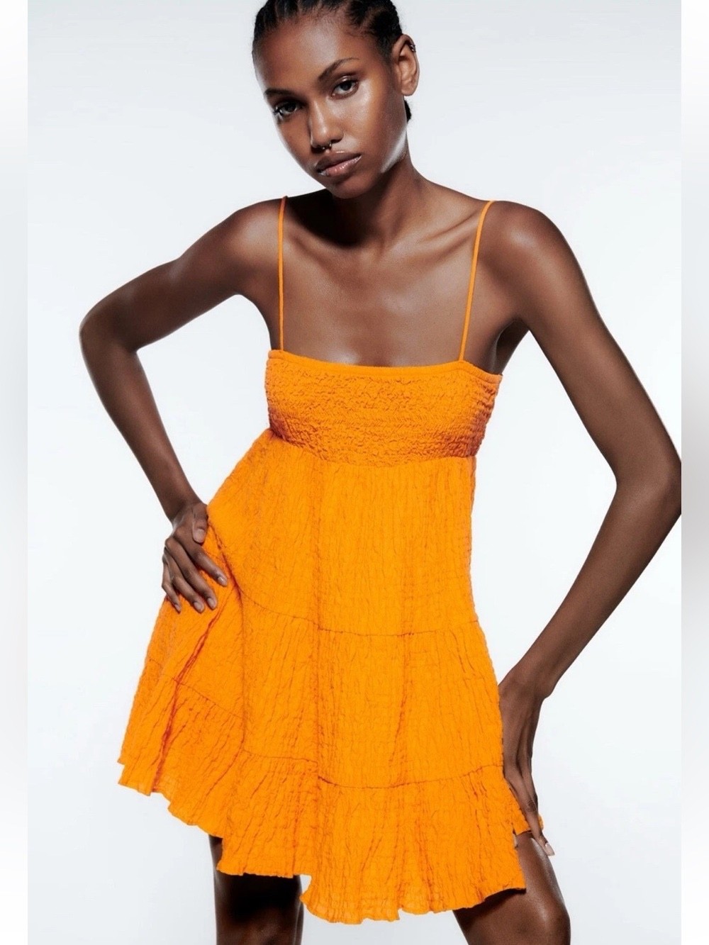 ZARA Orange Smocked Mini Dress XS Tiered Cotton Strappy Summer Babydoll