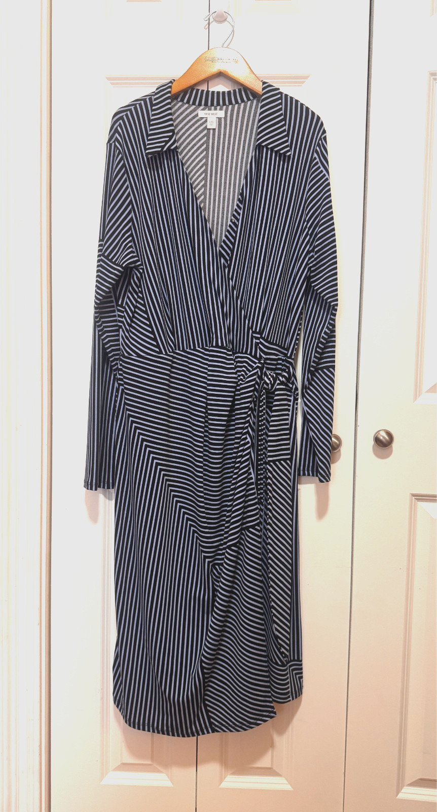 Nine West XXL Blue Striped Faux Wrap Midi Dress Tie Waist Long Sleeve