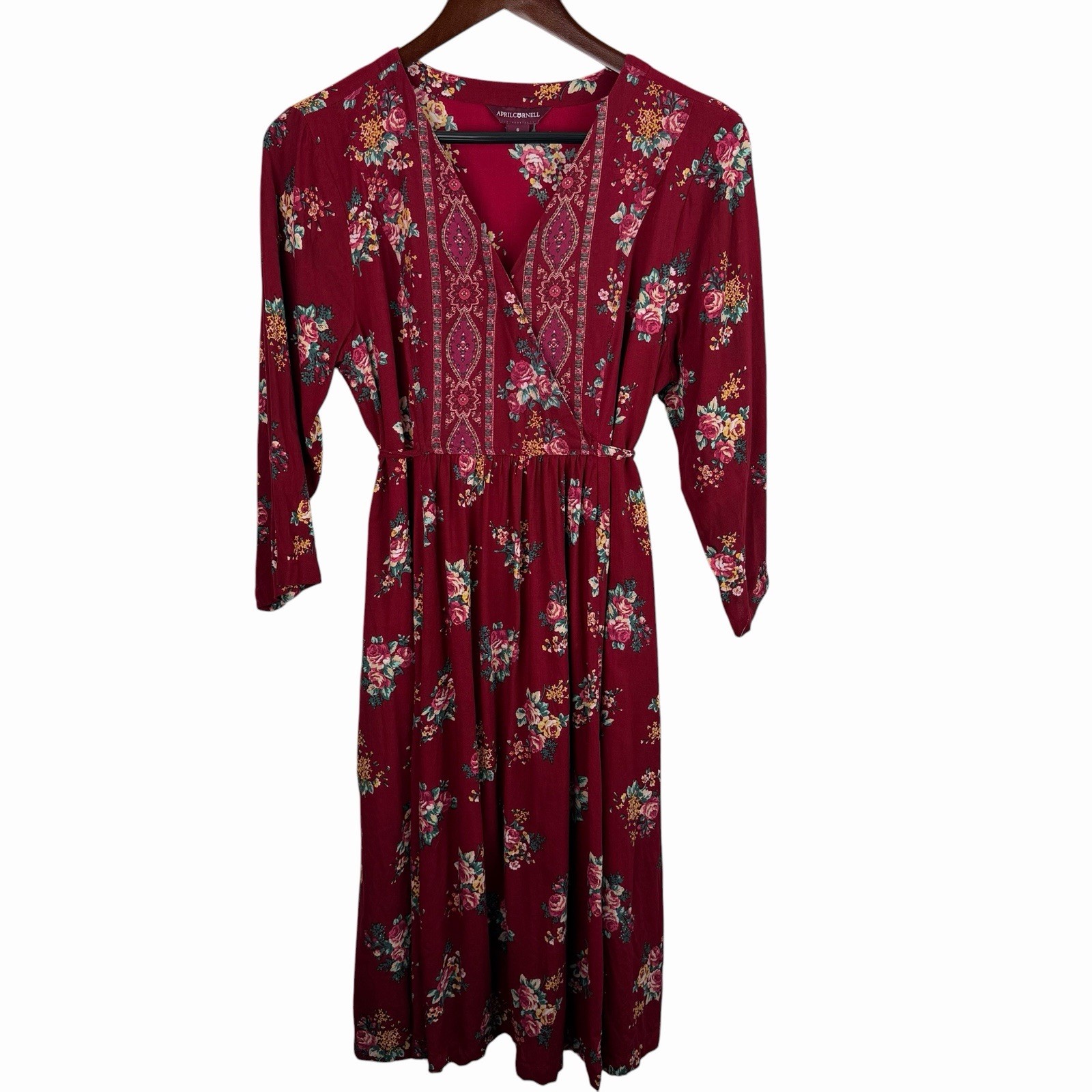 April Cornell Size Small Lavinia Scarlet Red Floral Tie Back Dress Cottagecore