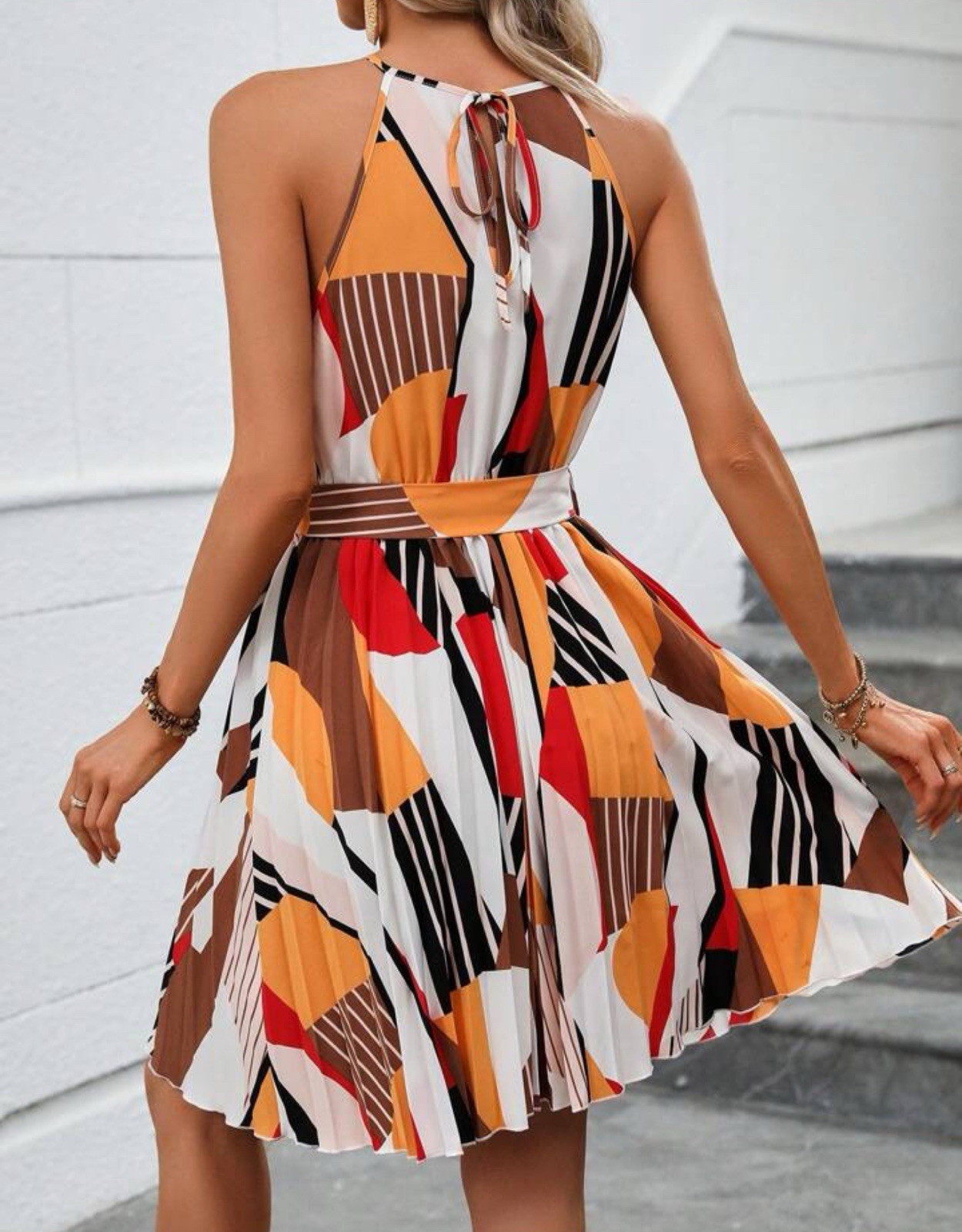 SHEIN Womens Abstract Print Halter Dress Belted Sleeveless Flowy Summer S M L XL