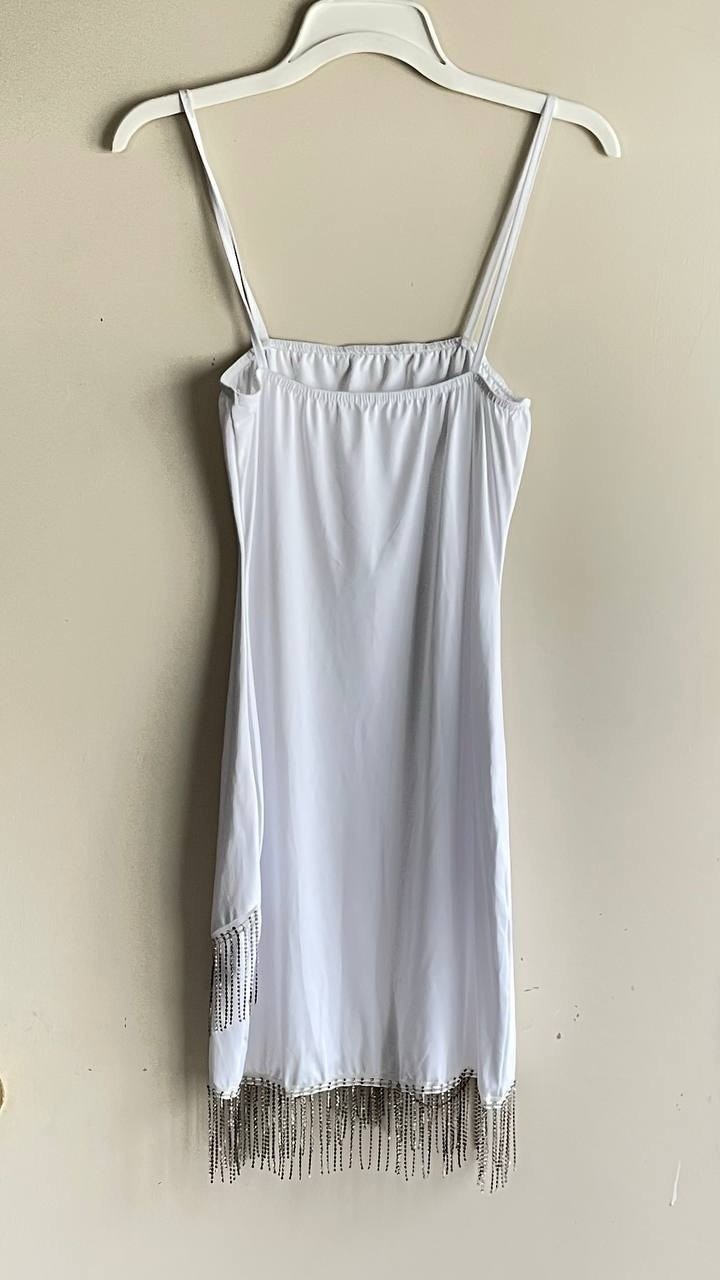 White Rhinestone Fringe Mini Dress Asymmetric Bodycon Bridal Bachelorette Sz M