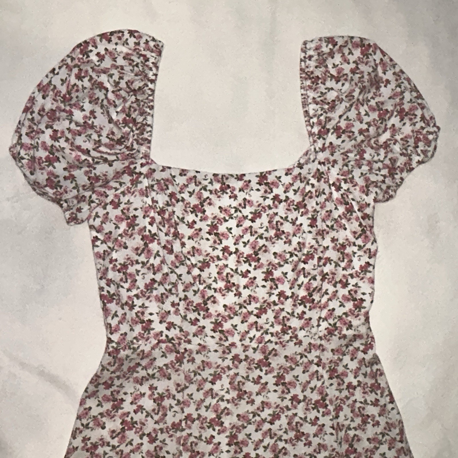 Francesca’s White Pink Green Floral Smocked Puff Sleeve Square Neck Midi M (160)