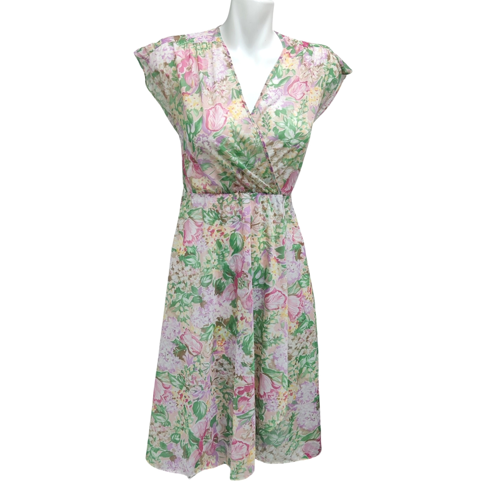 Vtg 70s Wrap Dress Women’s 5 Colorful Flowers Semi Sheer Lightweight Tie Front