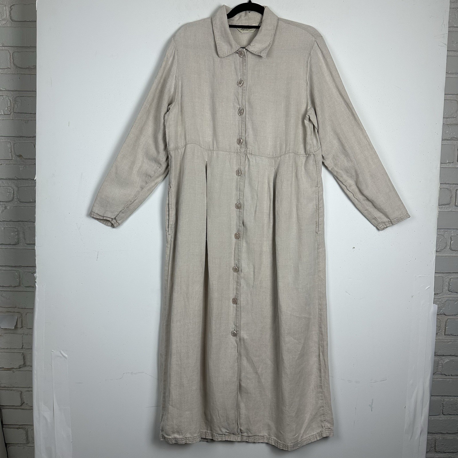 Vtg Eddie Bauer 100% Linen Maxi Dress Beige Button Up Lagenlook Modest 90s L