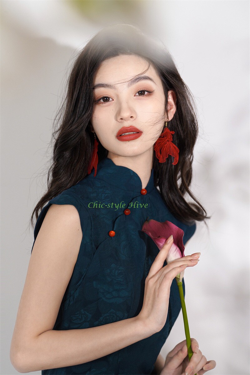 Summer Blue Jacquard Cheongsam Retro Long Style Young Slim Fit Qipao Dress