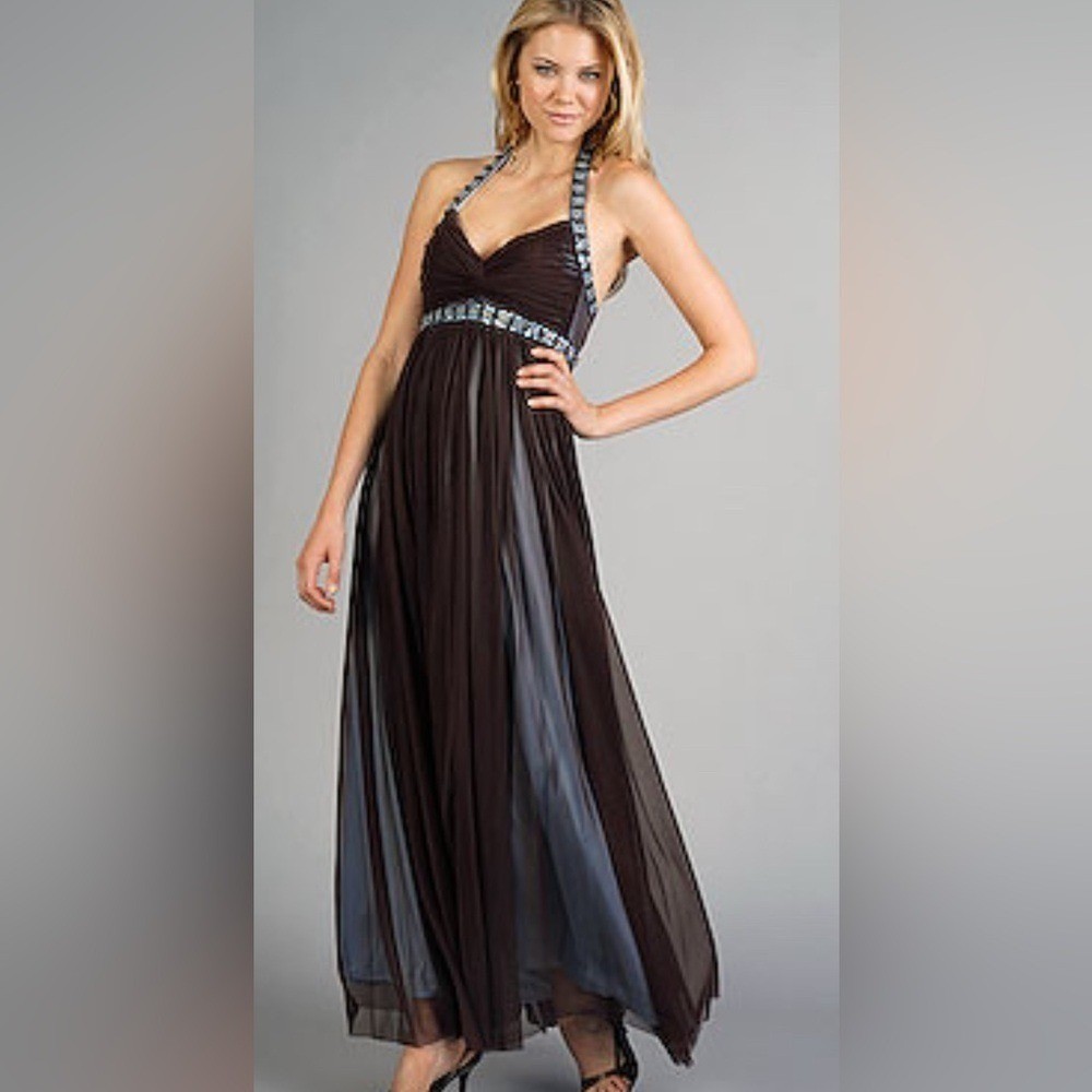 NWT! JS Boutique Brown and blue formal beaded Halter Gown Sz 6