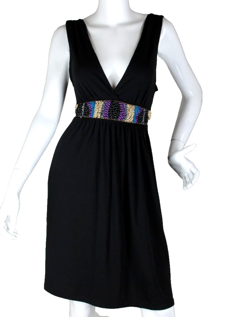 {Bailey Blue} Dress Sz XL Black V Neck High Waist Beaded Tie Waist Summer