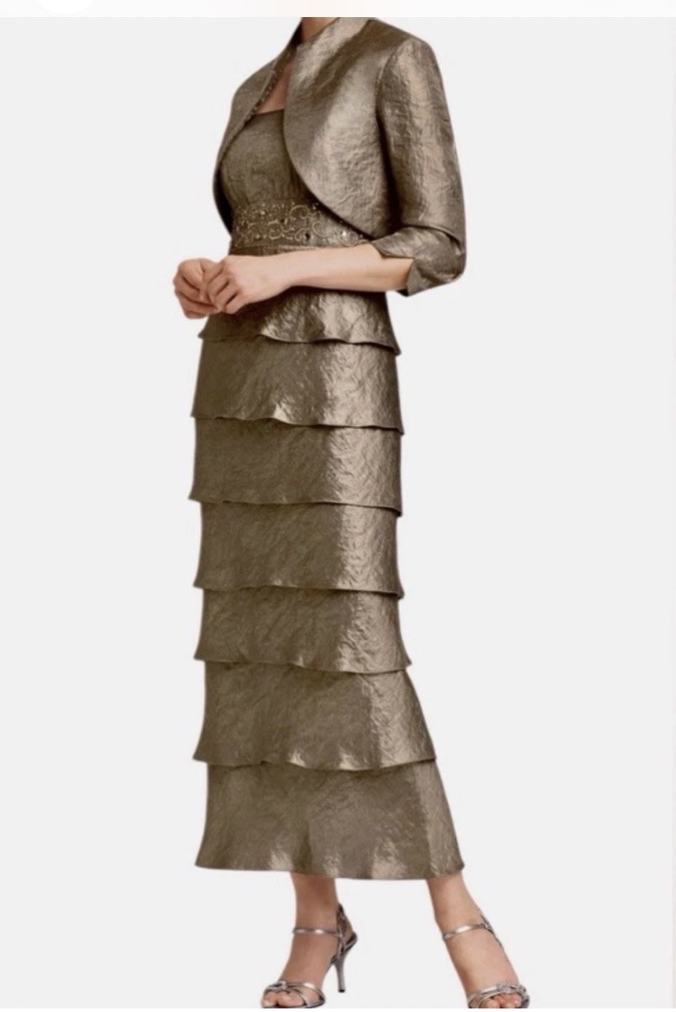 R&M Richards 2 pc tiered dress set in shimmery Cocoa Taupe sz 10 evening