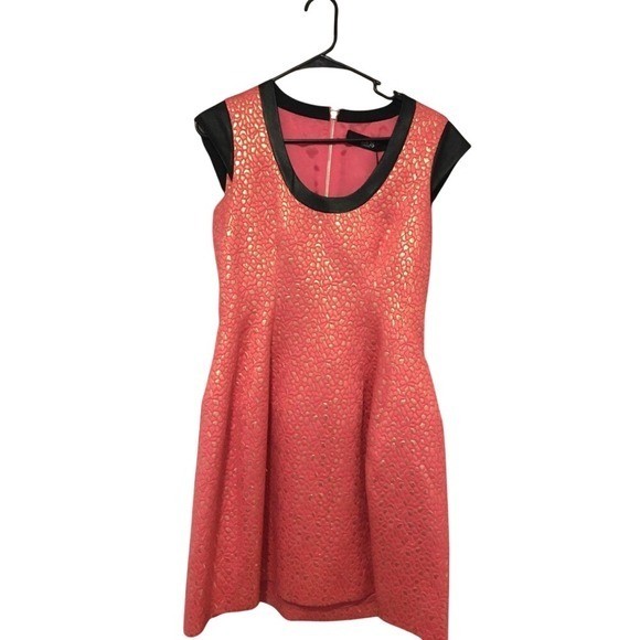 Melon Gold Metallic Leather Trim Jacquard Dress Concert Cocktail Contemporary