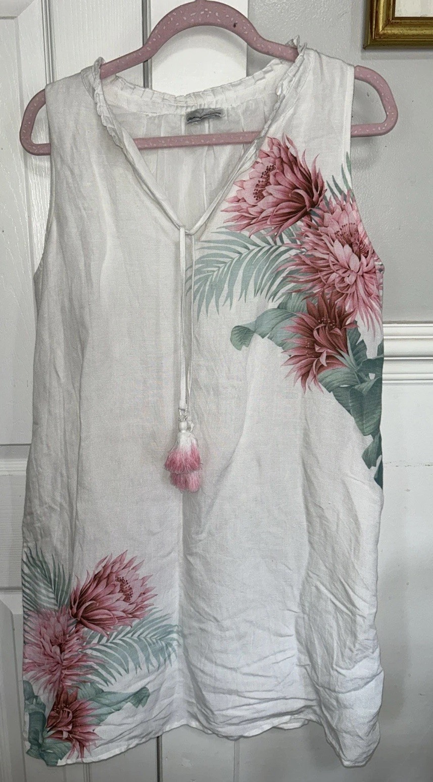 Tommy Bahama Shift Dress Linen Coastal Cruise Resort Tropical Luau Summer White