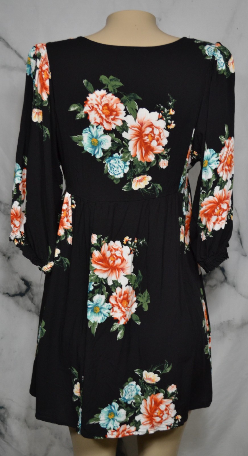 REMIXMESS Black Multicolor Floral Print Dress Tunic Medium 3/4 Sleeves Rayon