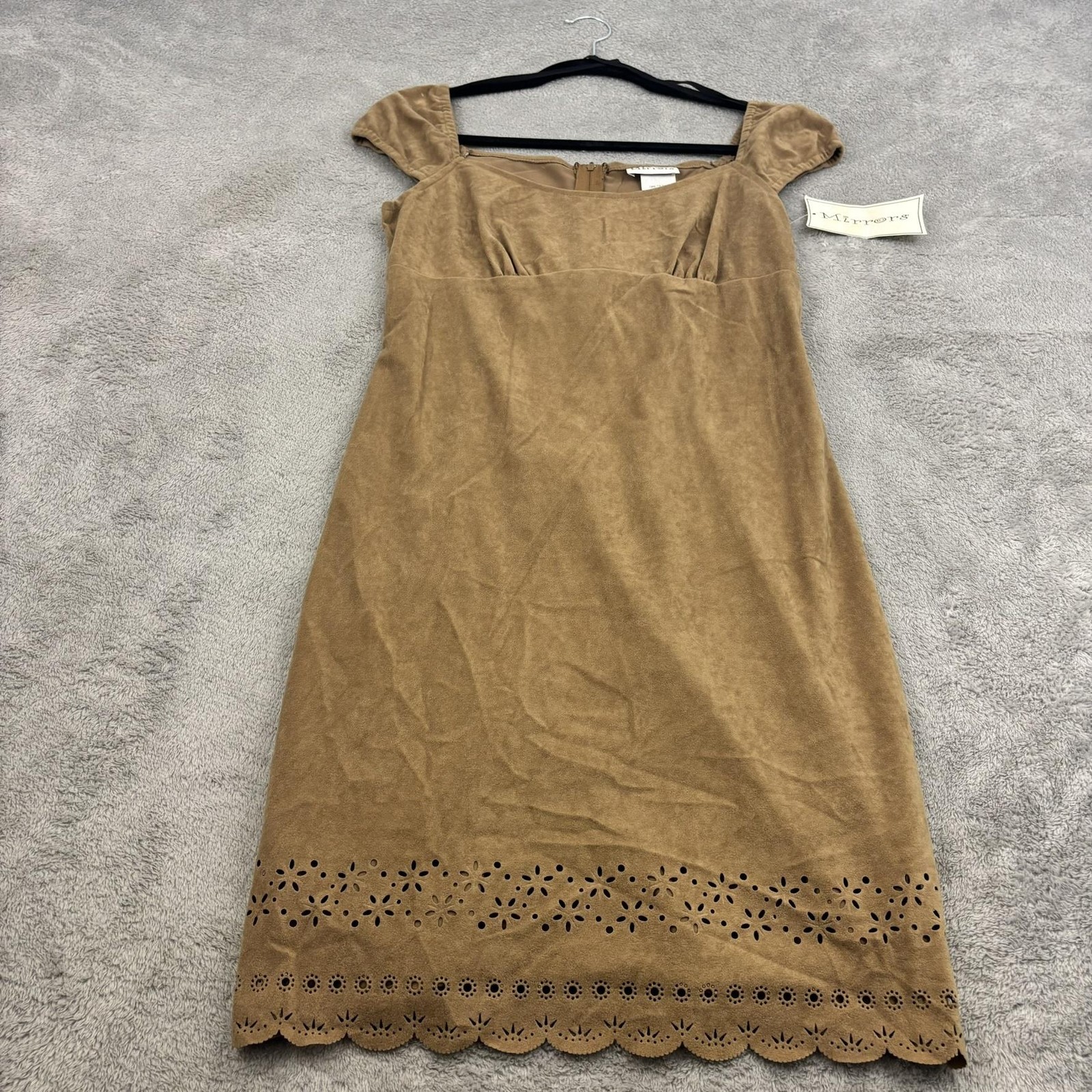 VTG Y2K Mirrors Faux Suede Babydoll Mini Dress Womens L Brown Coquette Western