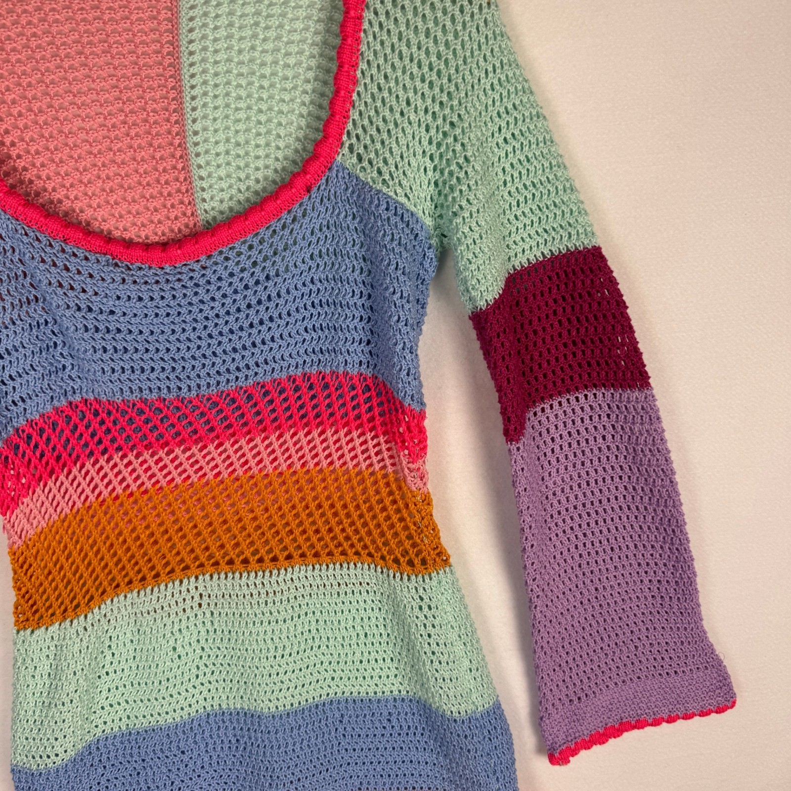 Multicolor Crochet Mini Dress Bell Sleeve Striped Open Knit Festival Boho M
