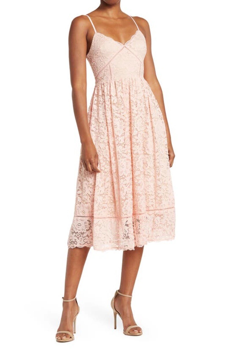 NSR Pink Crochet Stretch Lace Overlay Straps Midi Dress Lined Women Small 739