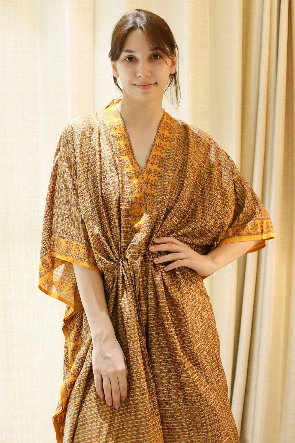 Silk Yellow Kaftan / Handmade Flowy Maxi Dress / Resort Wear Outfit PS MFN1006