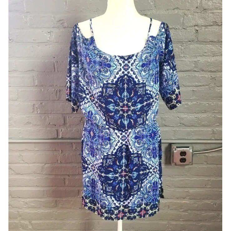 Bisou Bisou Split Sleeve Lace Up Paisley Strappy Dress Flowy Blouson S Blue