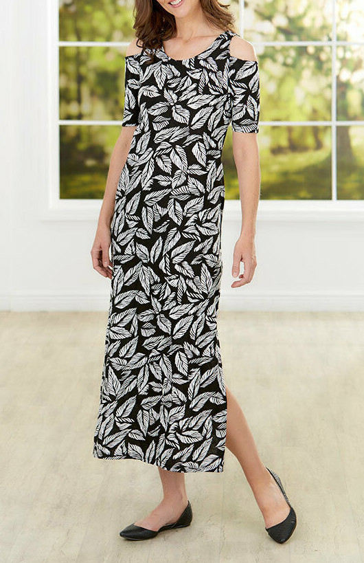 Metropolitan Cold Shoulder Maxi Long Dress L LG 12 14 Black White Leaves NEW NIP