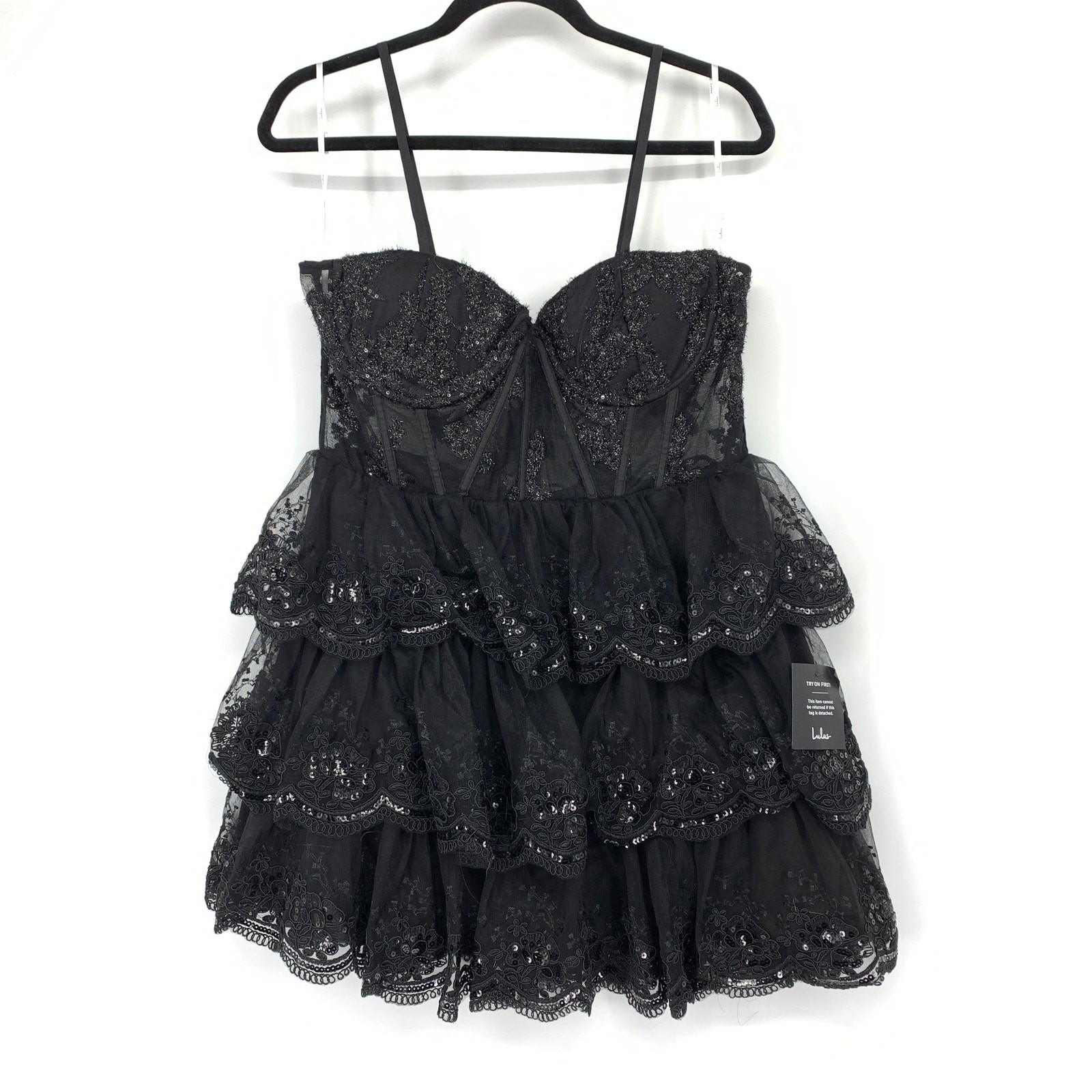Lulus Exquisite Drama Black Embroidered Sequin Tiered Mini Dress Womens XL NEW