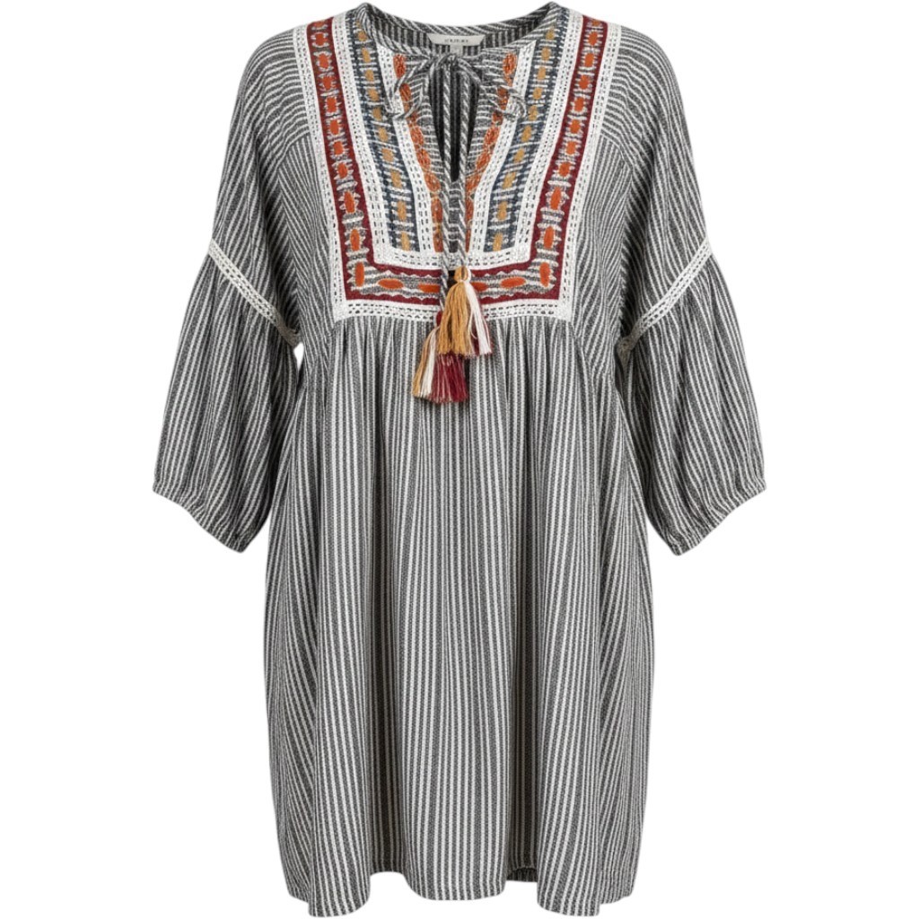 Sweet Magnolia Striped Embroidered Boho Tunic Dress Grey White Cotton Large