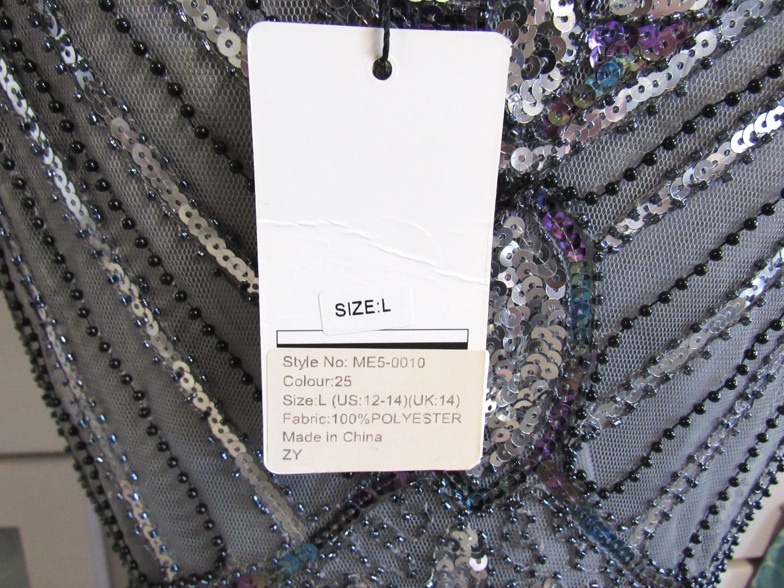 METME FLAPPER FRINGE BLACK BEADS SILVER SEQUINS SHORT SLEEVES SZ L ORIGINAL TAG