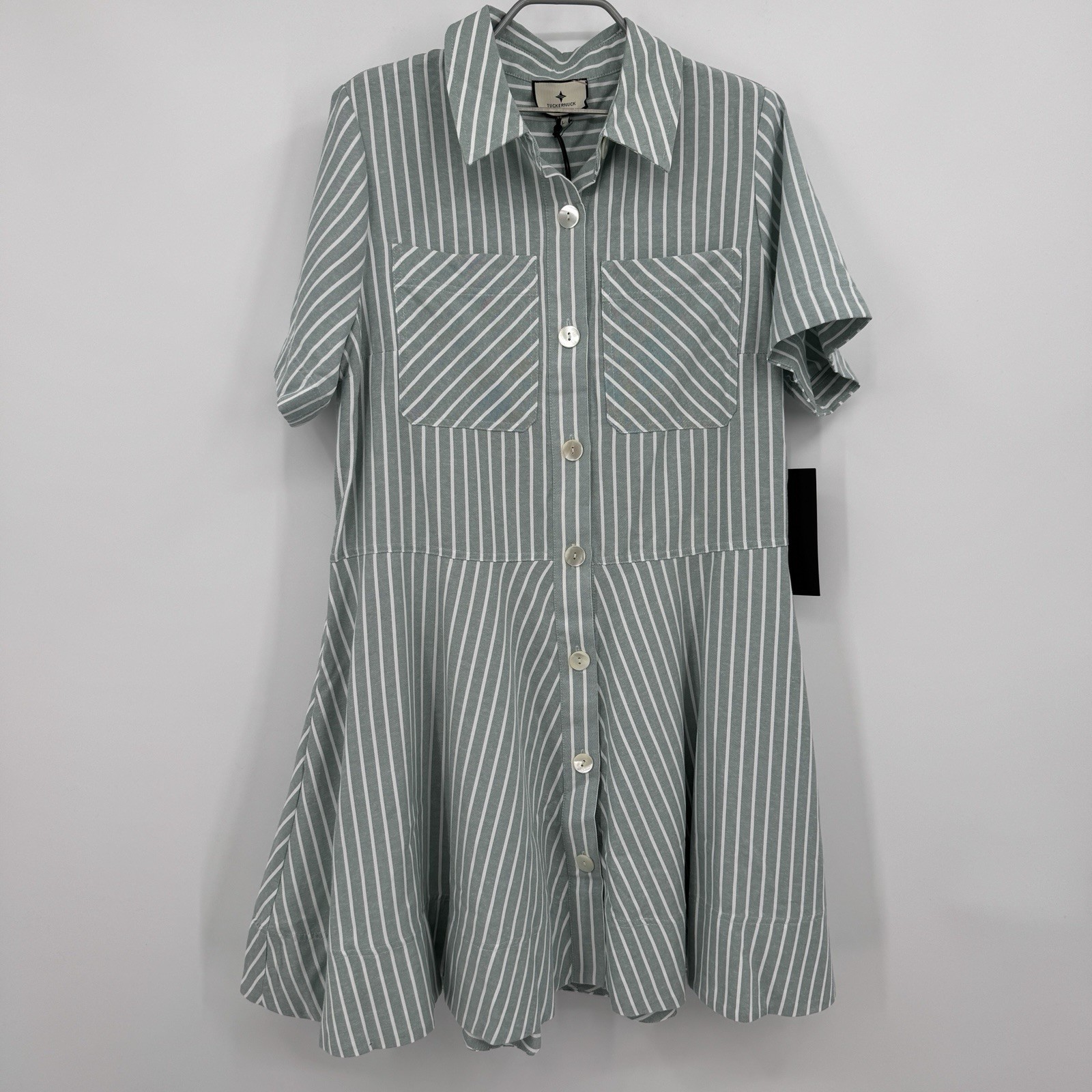 Tuckernuck Celadon Green Stripe Meryl Shirt Dress sz L NWT Fit-and-Flare Mini