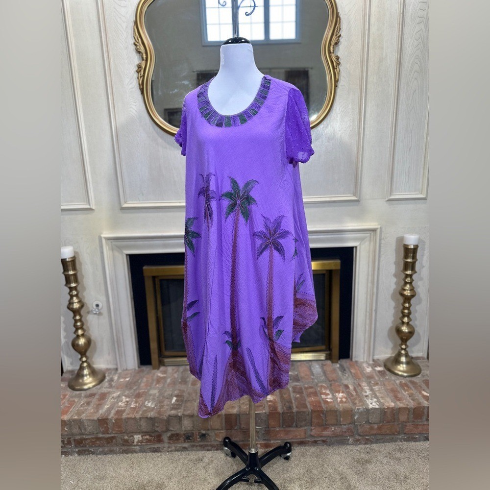 Sakkas Purple Palm Tree Embroidered Dress OS Boho Tropical