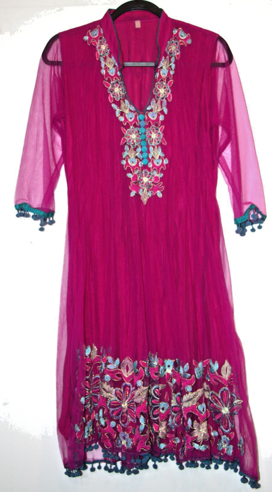 Ethnic Midi Shift Dress Fuchsia Colorful Embroidery Blue-Gray Trim 34′ in