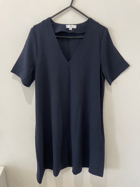La Redoute Navy Crepe V-Neck Full Swing Dress Size 8 Draping Classy RRP £42