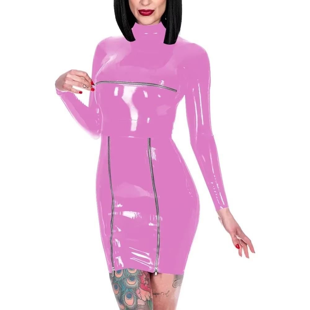 Back Zipper Wrap Hip Dress Shiny PVC High Neck Dress Front Zips Mistress Costume