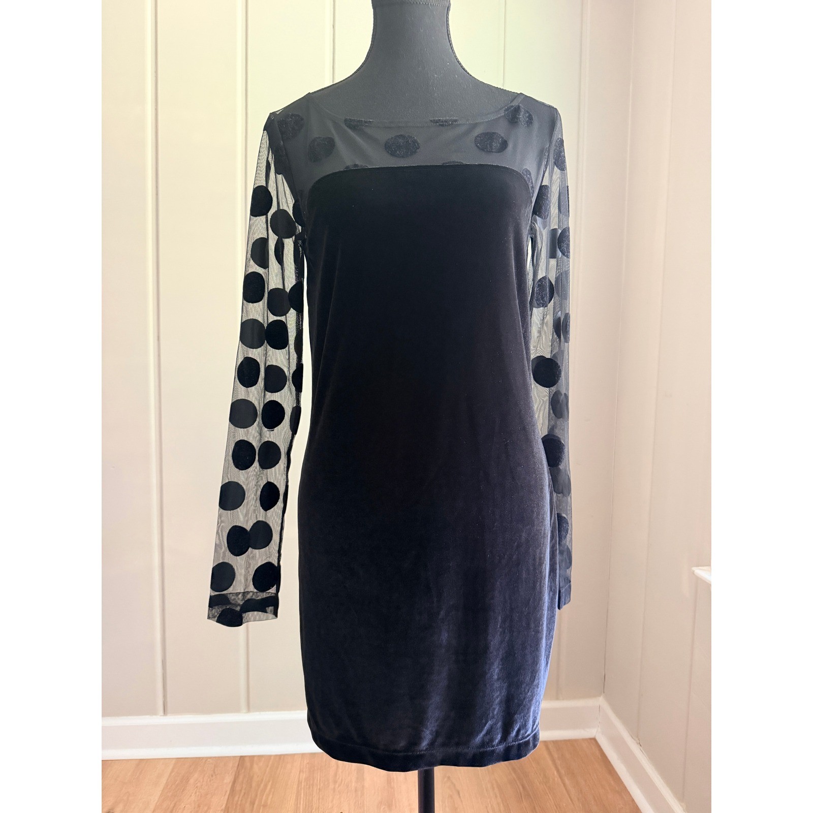 BCBGeneration Black Velvet Sheer Polka Dot Long Sleeve Mini Dress XS