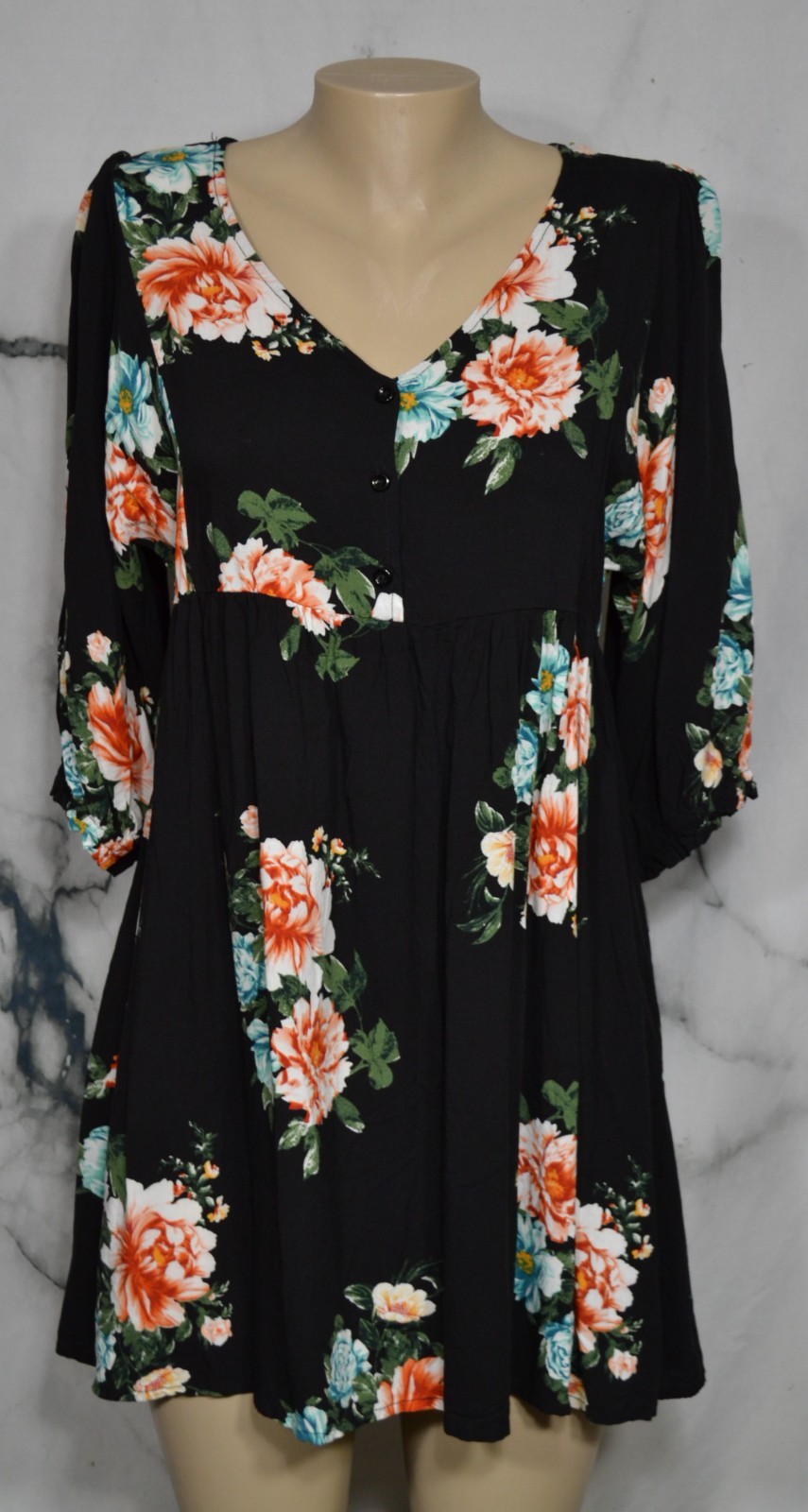 REMIXMESS Black Multicolor Floral Print Dress Tunic Medium 3/4 Sleeves Rayon