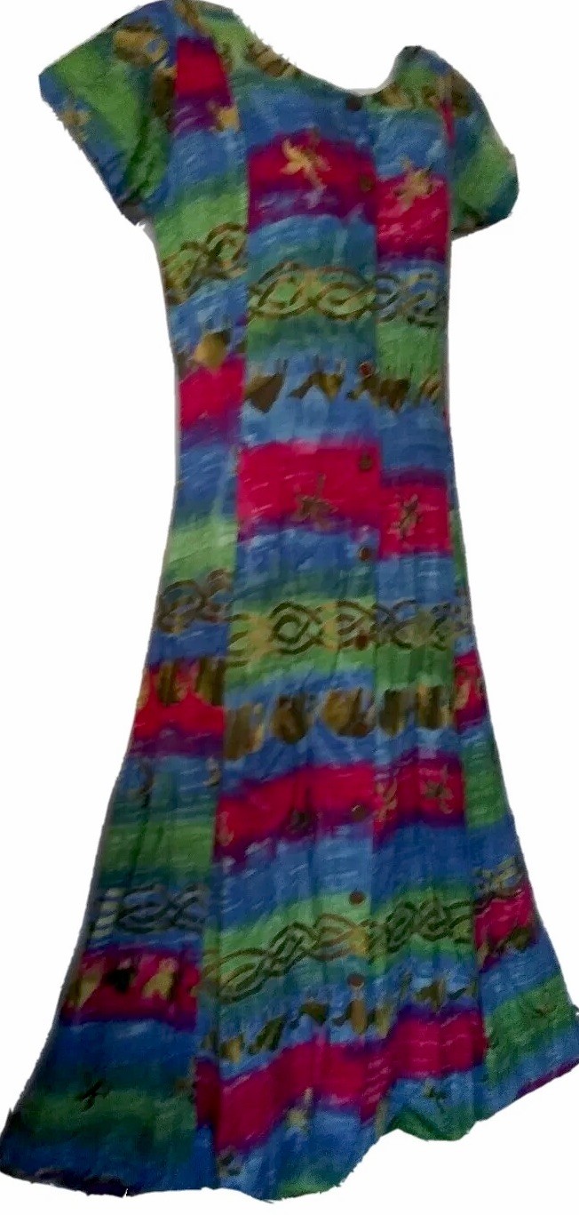 Vintage Batik Dress M Flowy Rayon Boho Hippie Festival Midi Sundress Elephants