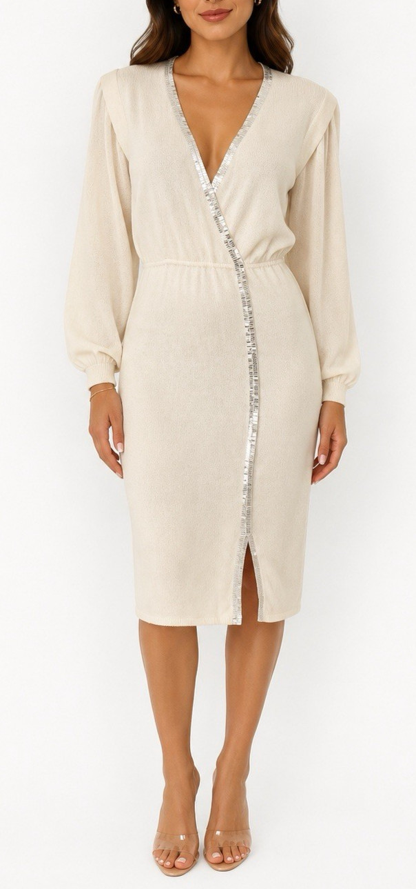 St John Santana Knit Sweater Dress Paillette Long sleeve Sheath Ivory Vintage