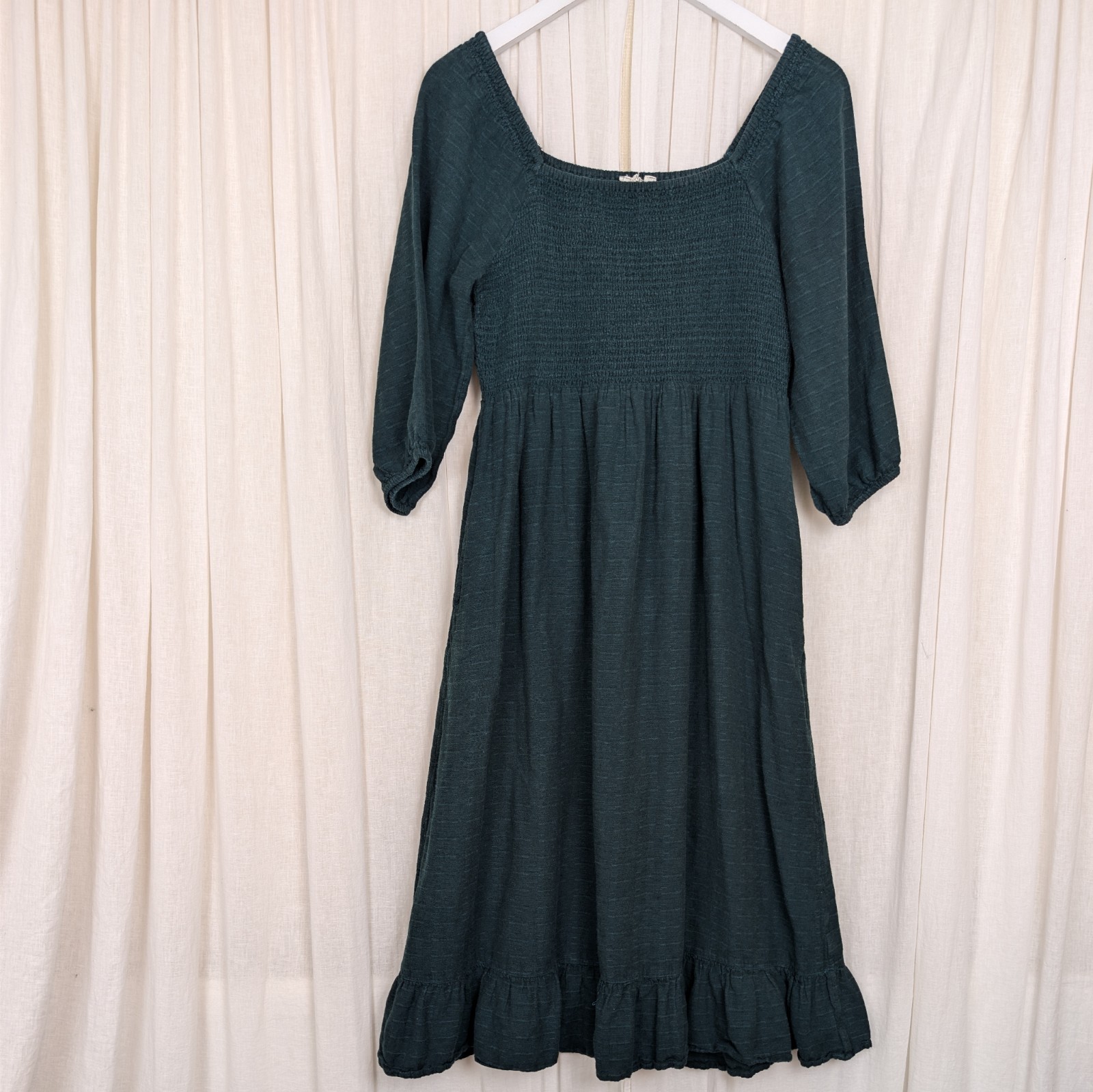 Fat Face Adele Shirred Midi Dress Cotton Linen Blend Dark Teal Green UK 14