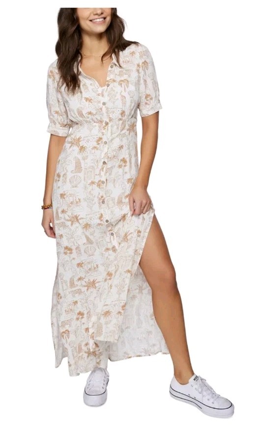 O’Neill Dress Women’s Small Cream Tan Maxi Shirt Dress Button Front Jungle Print