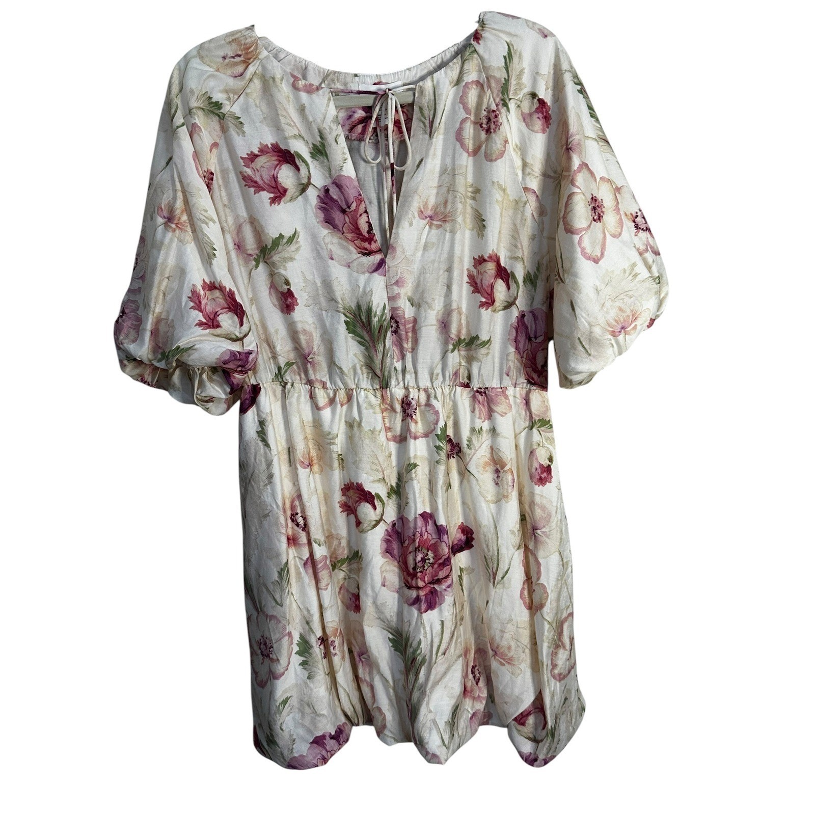 HM Floral Puff Sleeve Mini Dress V-Neck Front Pink Purple Cream Womens Size M