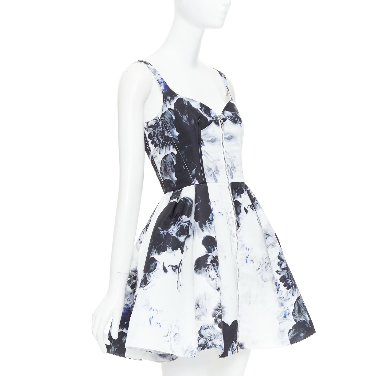 ALEXANDER MCQUEEN 2023 Chiaroscuro ink floral print zip front dress IT38 XS