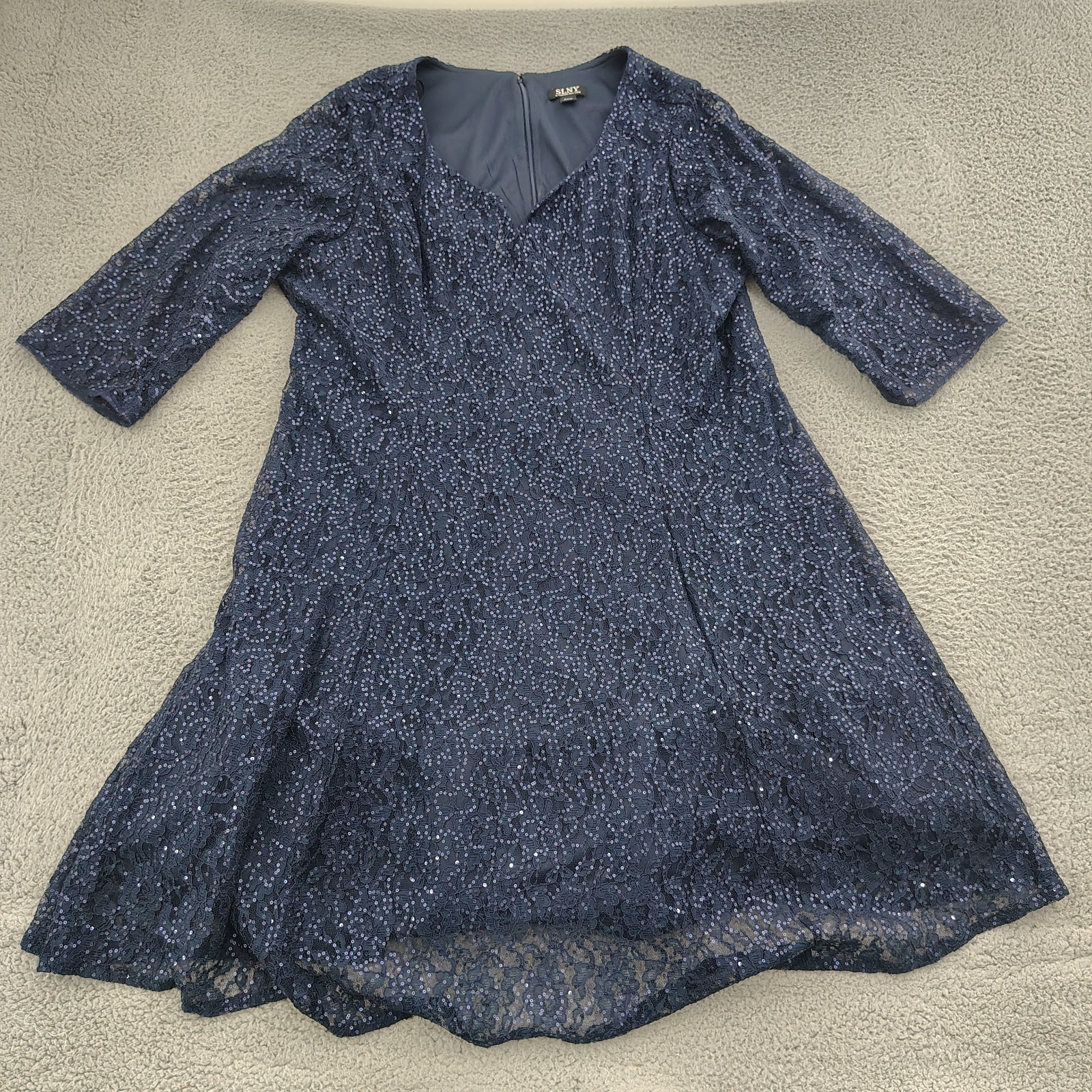 SLNY Womens 24W Navy Sequin Lace Cocktail Party Dress Plus Size Midi 3/4 Sleeve
