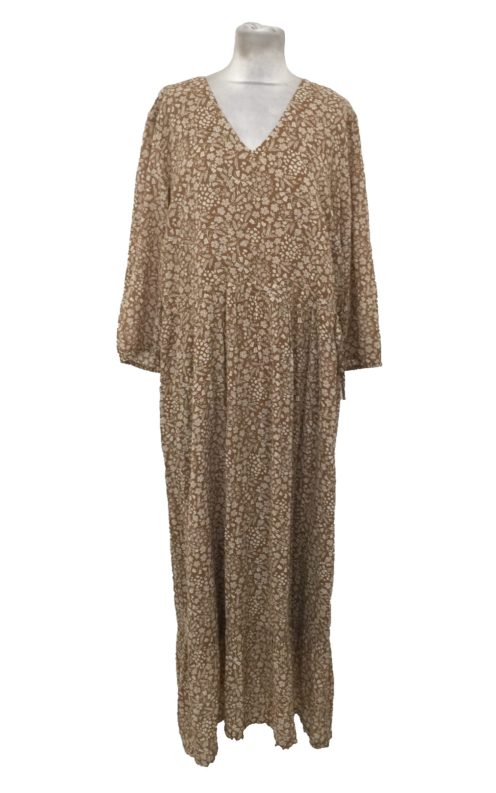 Seasalt Women’s Dress Size 18 Brown Floral Woven Drawstring Waist L/Sleeve New