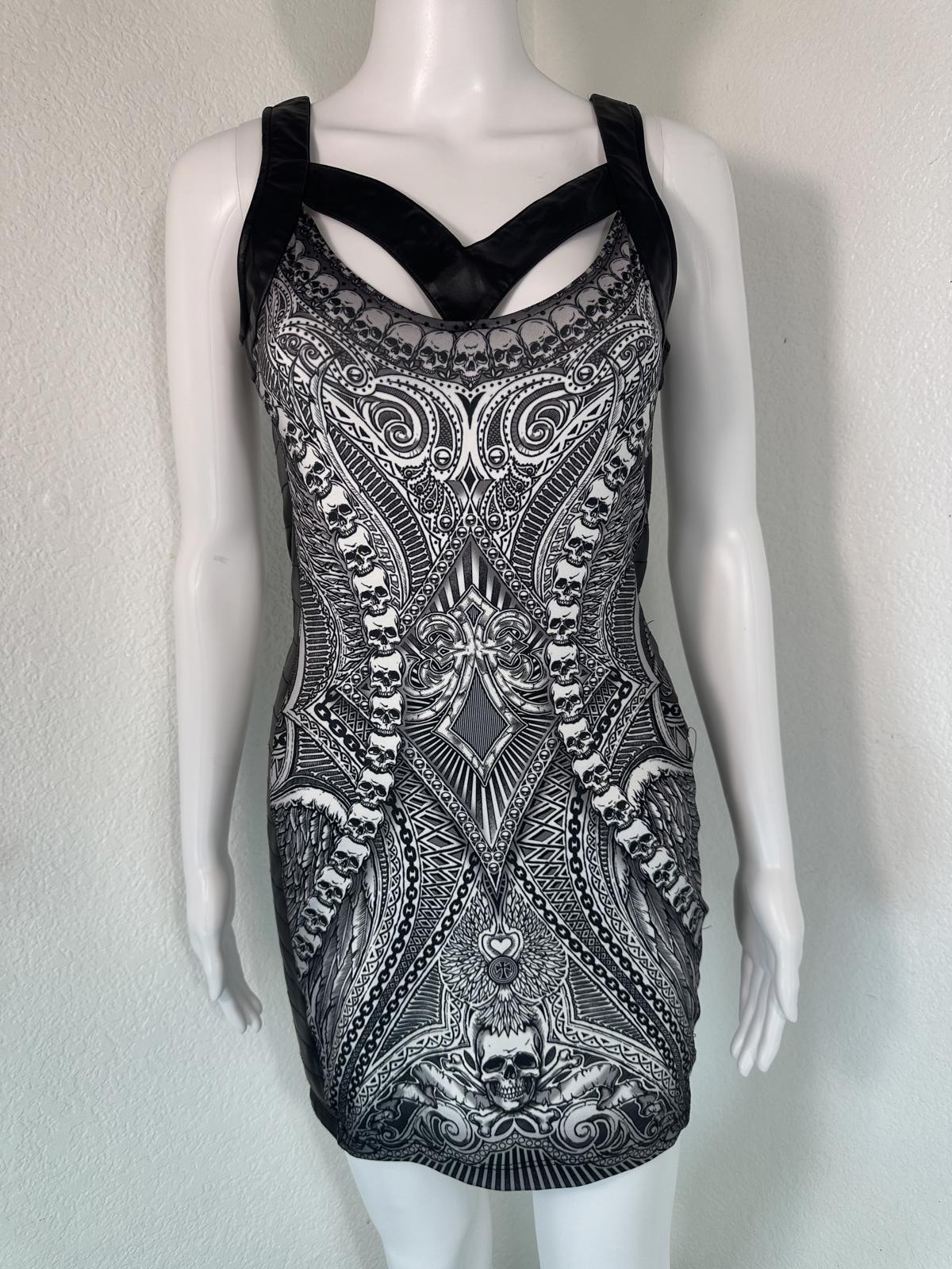 Women’s S Affliction Goth Skull Bodycon Dress Metal Punk Faux Leather Clubwear