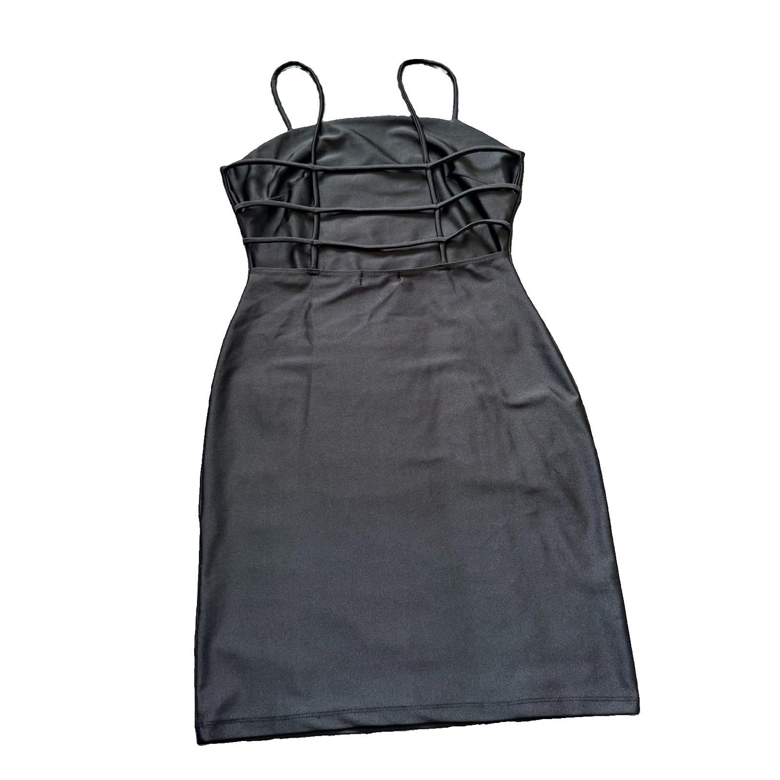 Popular 21 Black Solid Stretch Sheath Spaghetti Strap Knee Dress Size S DX80102