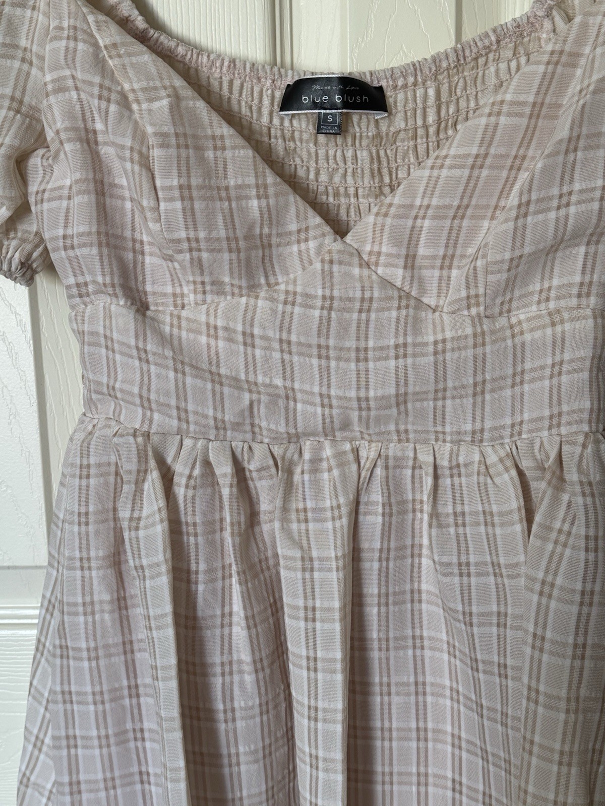 Blue Blush Beige White Plaid Puff Sleeve Smocked Short Sundress Sweetheart S
