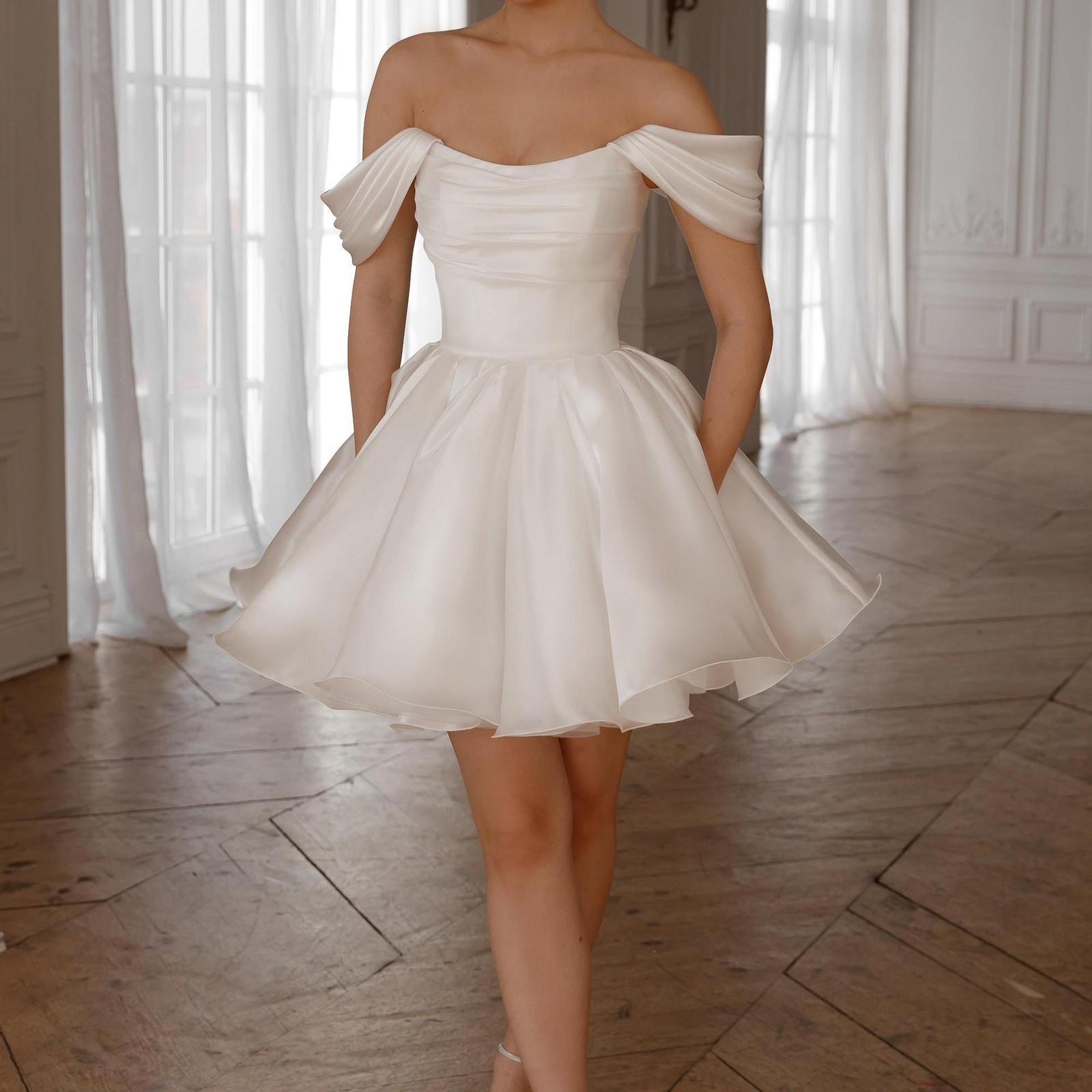 Off Shoulder Draped Mini Dress Pleated Bodice Ruffle Hem Wedding Party GownWhite