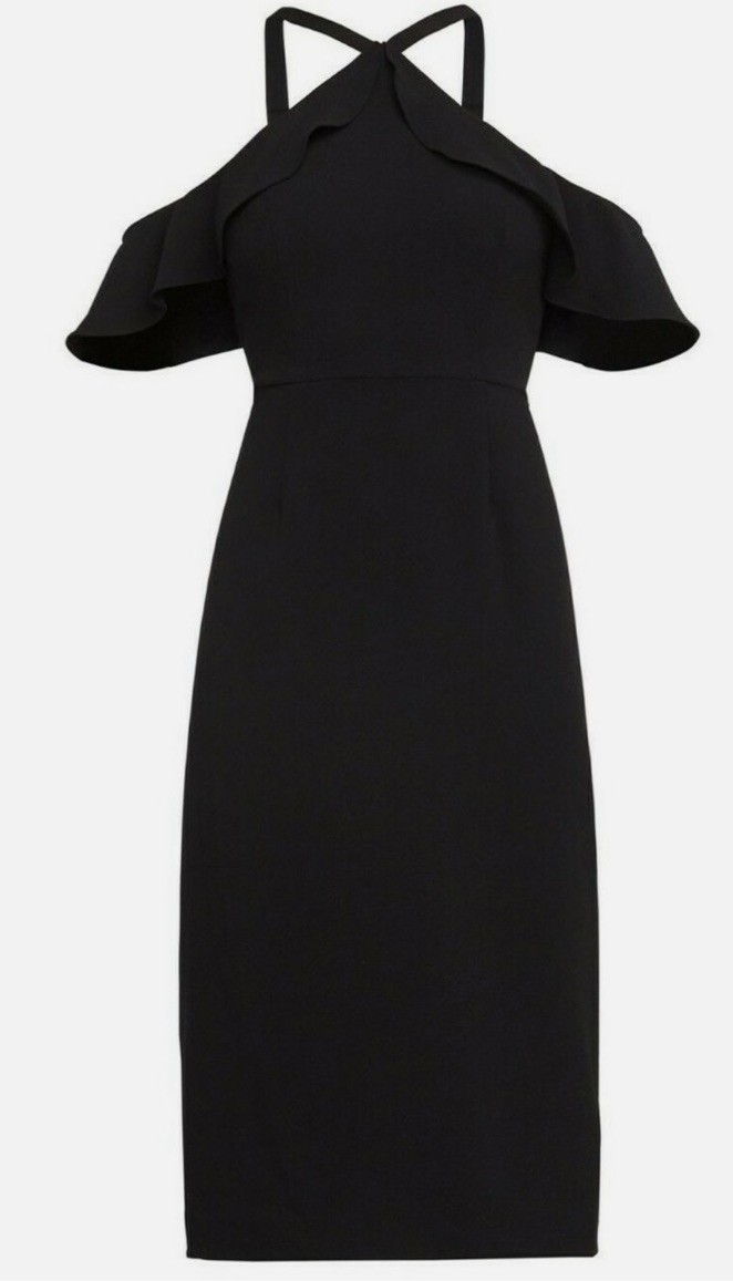 NWT BCBG MAXAZRIA SIZE 4 ELISE OFF SHOULDER HALTER NECK RUFFLE SHEATH DRESS $298
