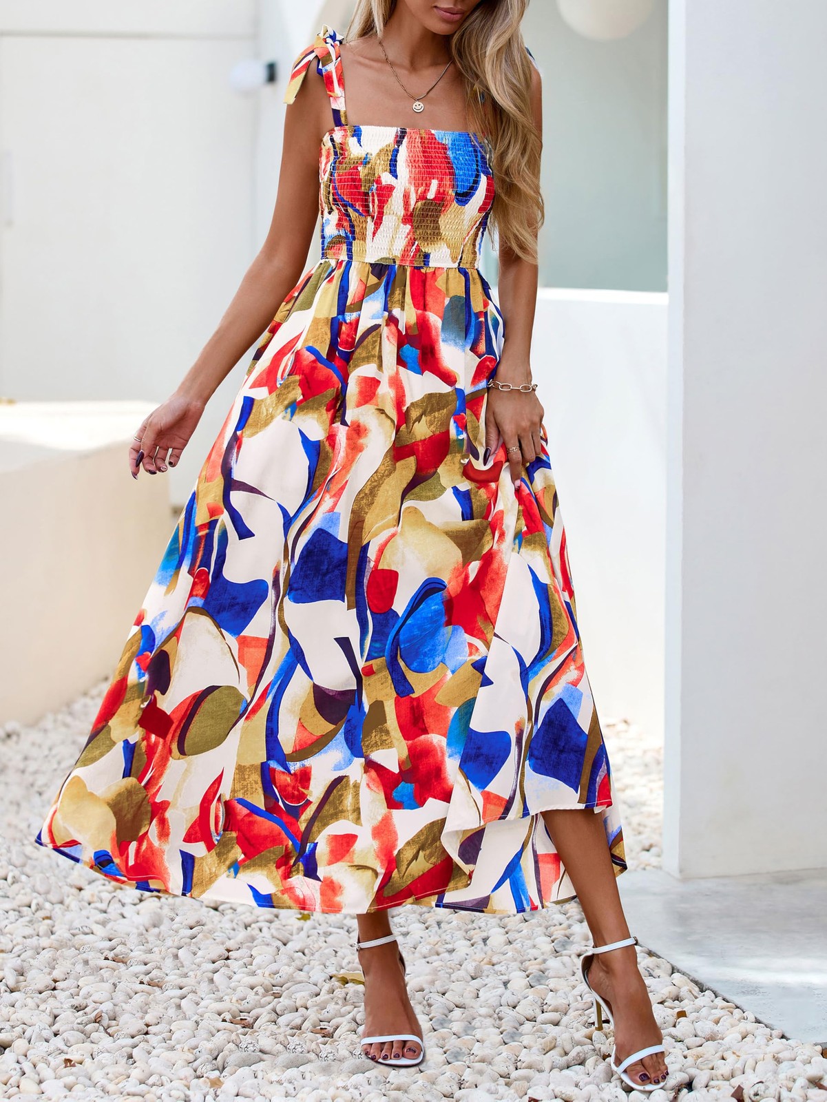 PRETTYGARDEN Womens Summer Dresses Floral Sleeveless Smocked Maxi Dress Boho