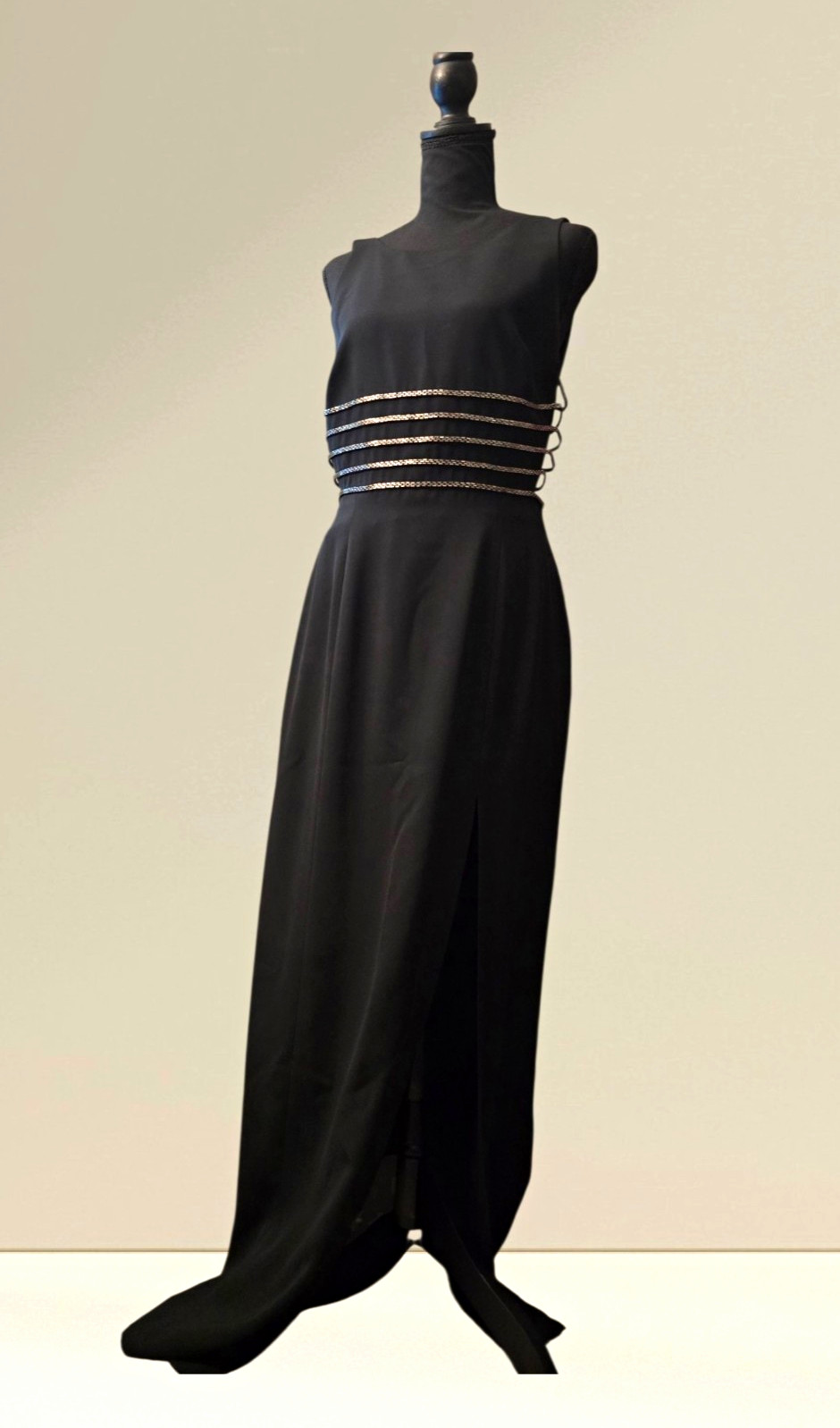 Women’s Black Sleeveless High Neck Maxi Dress Chain Waist Side Slit Size 10