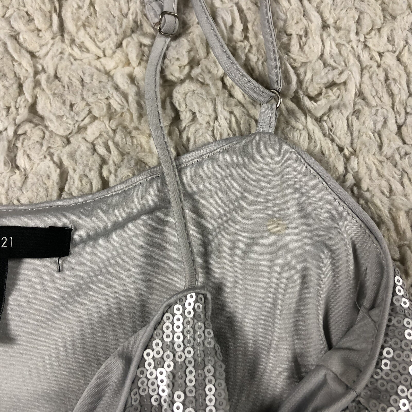 Forever 21 Silver Sequin Stretch Ruffle Mini Dress Womens Small Spaghetti Strap
